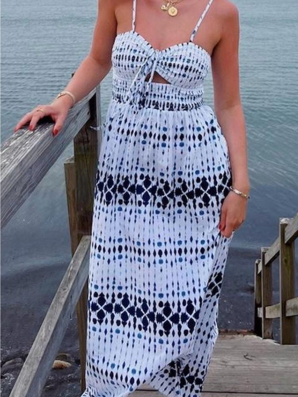 Universal Thread Smocked Cut-Out Maxi Sundress Blue/White Geometric Print M